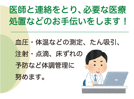 医師と連絡をとり、必要な医療処置などのお手伝いをします！