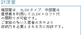 2F洋室　端部屋は、3LDKタイプ、中部屋は屋根裏を利用して2LDK＋ロフト付の間取りが可能です。ご家族の多い入居者の方やより収納力を必要とされる方に好評です。